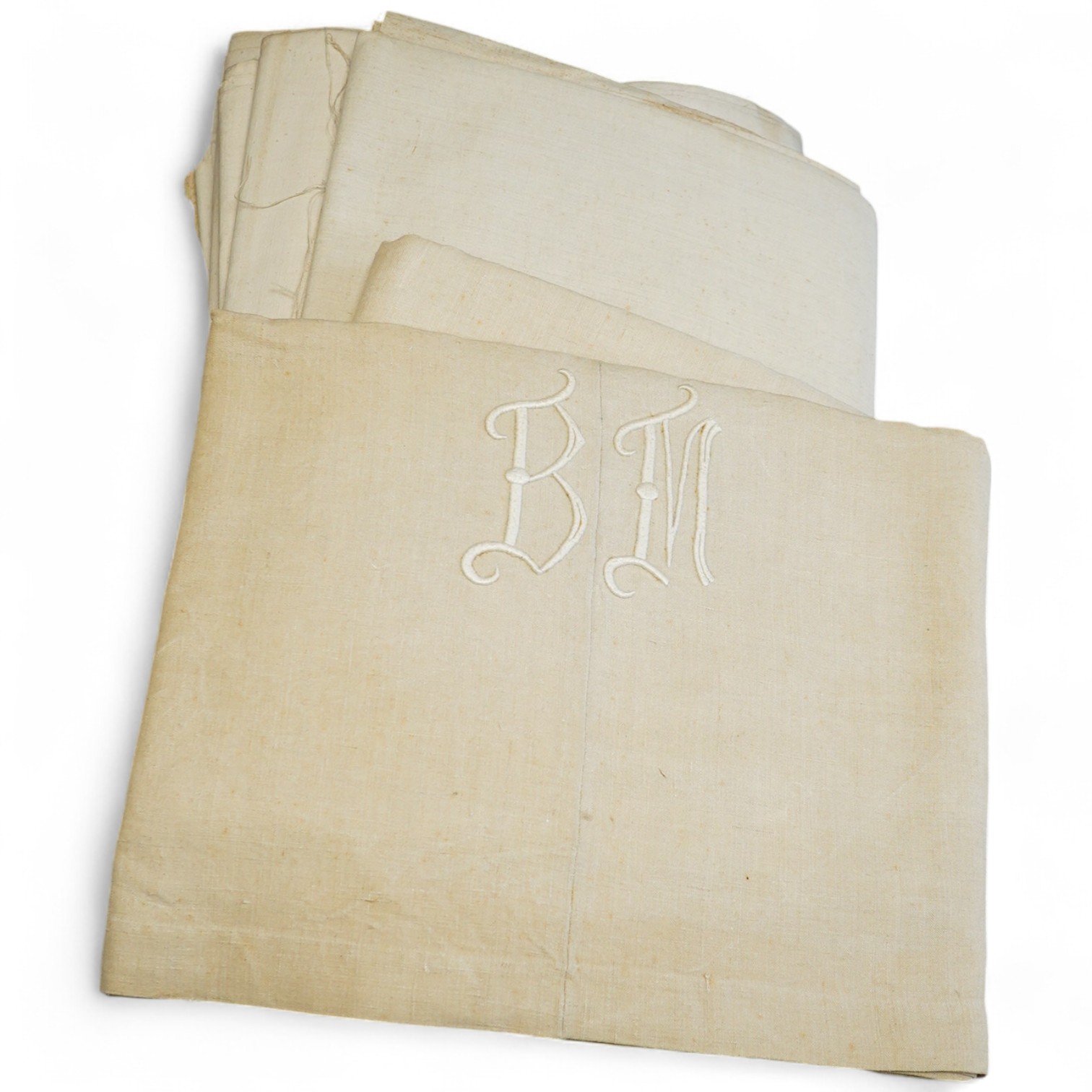 Nine plain coarse linen French provincial sheets and one monogrammed (10)